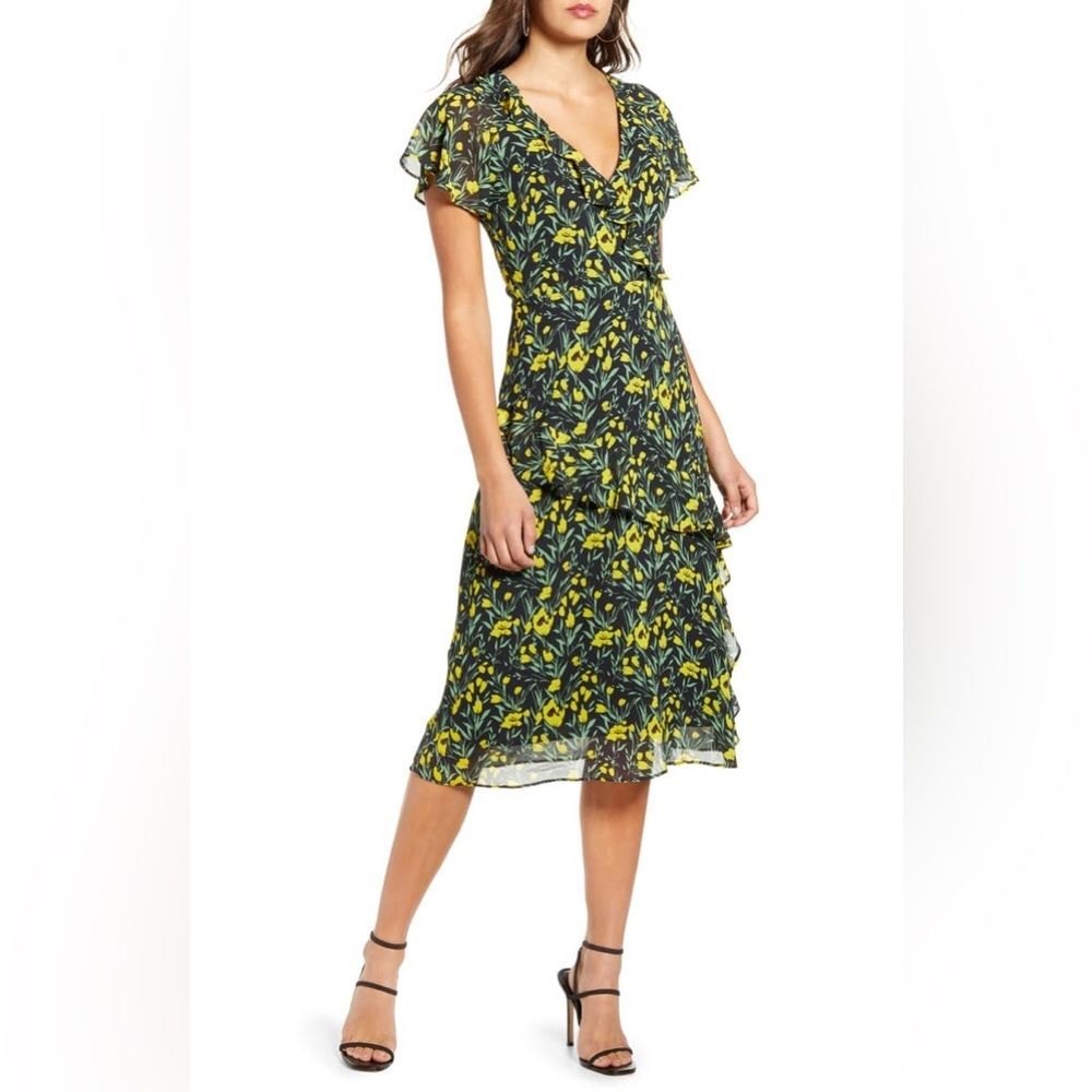 All In Favor Yellow Black Ruffle Tiered Midi Spring Floral Dress Sz L
